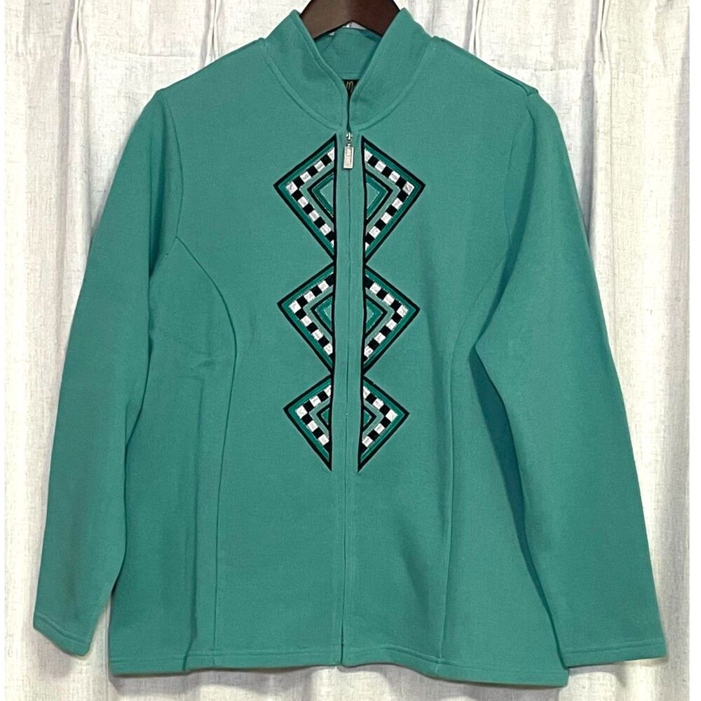 Bob Mackie Wearable Art Teal Embroidered Zip Jacket 1X NWT QVC